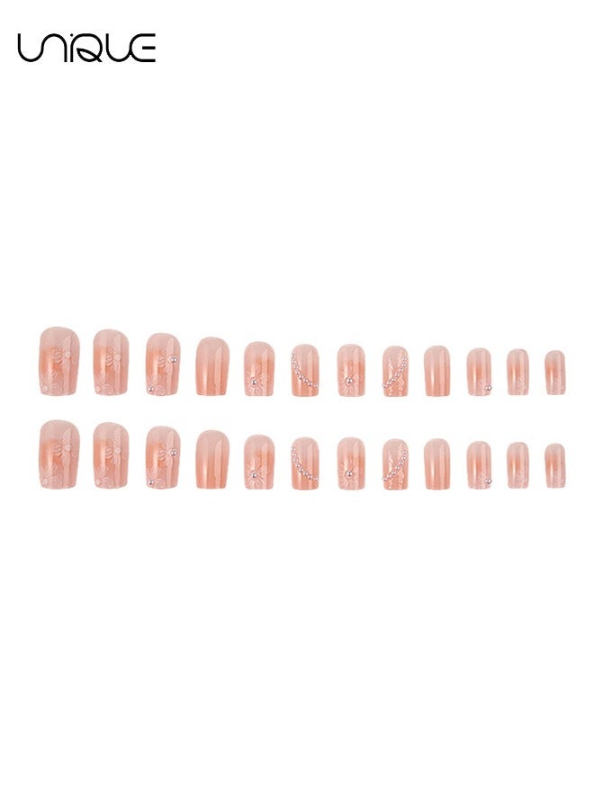 Unique 24Pcs Fake Nails, Press Nails, Mid-length Ballet Manicure - Camellia Manicure - Gradient Orange Pearl Manicure - Fake Nail Patch - Image 3