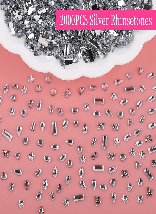Jremg Silver Rhinestones Nail Art Charms Multi Shape Crystal Flat Back Nail Gems Kawaii Crystals Nail Diamond 3D Mini Heart Star Flower Geometric Nail Crafts for Women Girls Nail Supplies 2000Pcs - Image 2