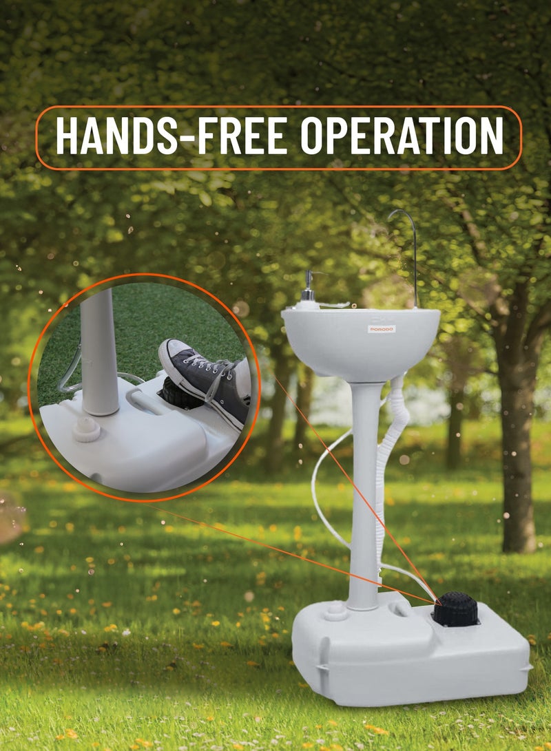 Porodo Portable Handwash Station, 17L Water Capacity Camping Sink, Hands-Free Foot Pump, 3L Liquid Soap Dispenser, Built-in Wheels, Instant Water, Lightweight Outdoor Sink for Travel, Outdoor, Camping - White - Image 5
