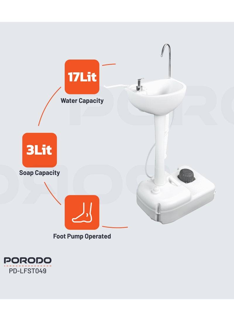 porodo - Portable Handwash Station / Foot Pump Operated / Instant Water / Portable & Easy to Move / 17L Clean Water Tank / 3L Liquid Soap Tank / Towel rack/ Outdoor and Camping Hand Wash Sink - White - Image 1