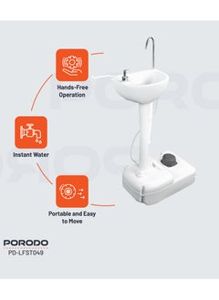 porodo Portable Handwash Station / Foot Pump Operated / Instant Water / Portable & Easy to Move / 17L Clean Water Tank / 3L Liquid Soap Tank / Towel rack/ Outdoor and Camping Hand Wash Sink - White  - Image 3