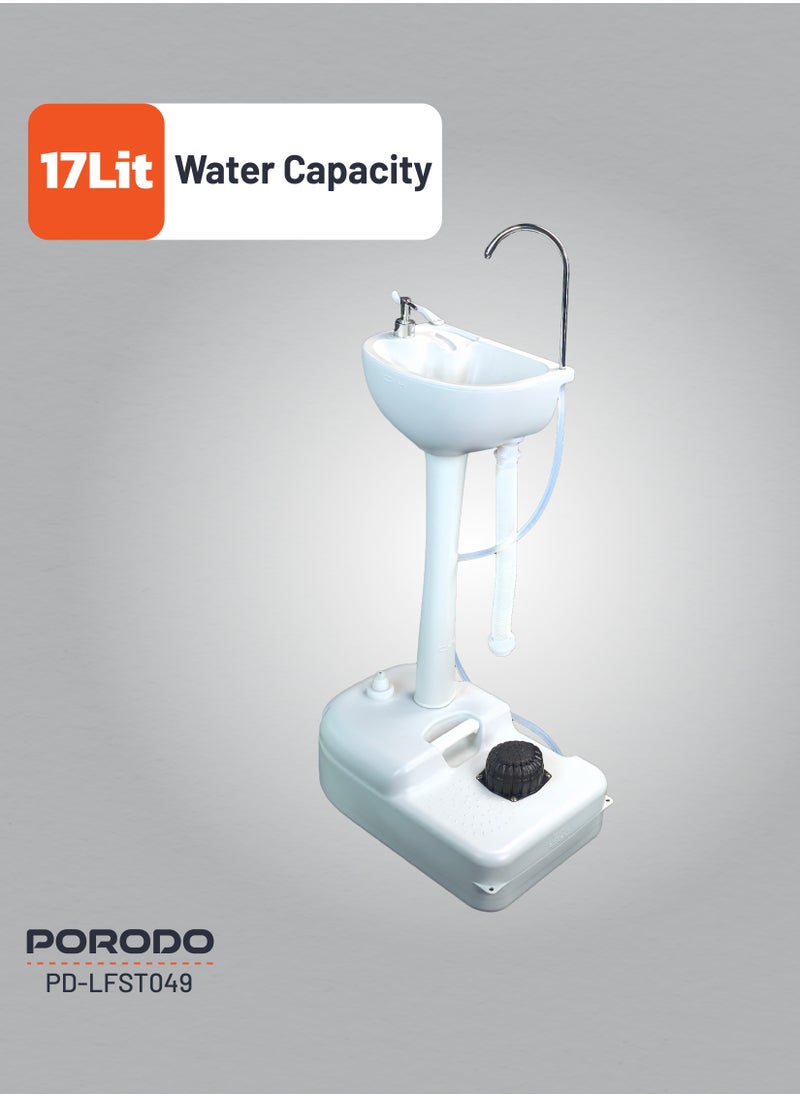 porodo - Portable Handwash Station / Foot Pump Operated / Instant Water / Portable & Easy to Move / 17L Clean Water Tank / 3L Liquid Soap Tank / Towel rack/ Outdoor and Camping Hand Wash Sink - White - Image 1