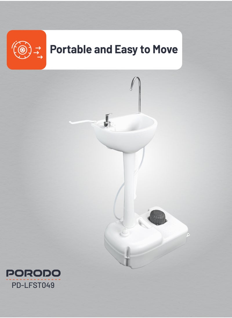 porodo - Portable Handwash Station / Foot Pump Operated / Instant Water / Portable & Easy to Move / 17L Clean Water Tank / 3L Liquid Soap Tank / Towel rack/ Outdoor and Camping Hand Wash Sink - White - Image 1
