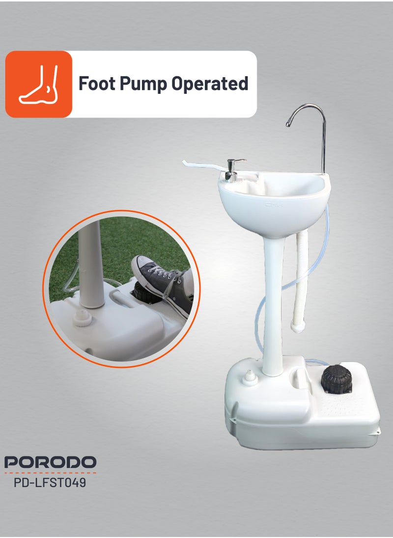 porodo - Portable Handwash Station / Foot Pump Operated / Instant Water / Portable & Easy to Move / 17L Clean Water Tank / 3L Liquid Soap Tank / Towel rack/ Outdoor and Camping Hand Wash Sink - White - Image 1