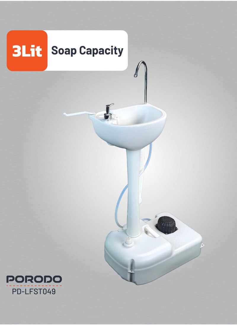 porodo - Portable Handwash Station / Foot Pump Operated / Instant Water / Portable & Easy to Move / 17L Clean Water Tank / 3L Liquid Soap Tank / Towel rack/ Outdoor and Camping Hand Wash Sink - White - Image 1