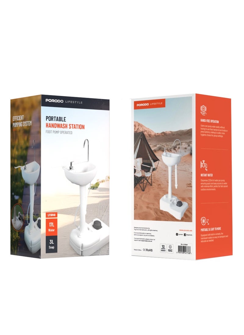 porodo - Portable Handwash Station / Foot Pump Operated / Instant Water / Portable & Easy to Move / 17L Clean Water Tank / 3L Liquid Soap Tank / Towel rack/ Outdoor and Camping Hand Wash Sink - White - Image 1