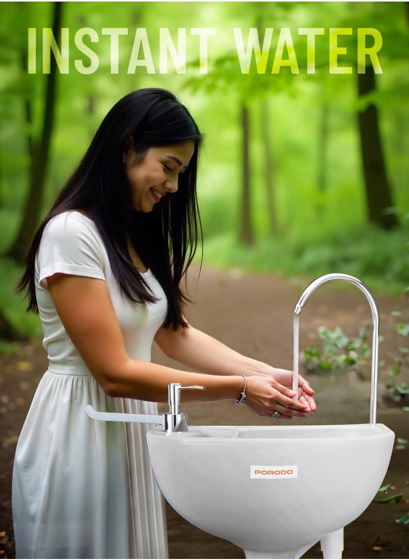 porodo - Portable Handwash Station / Foot Pump Operated / Instant Water / Portable & Easy to Move / 17L Clean Water Tank / 3L Liquid Soap Tank / Towel rack/ Outdoor and Camping Hand Wash Sink - White - Image 1