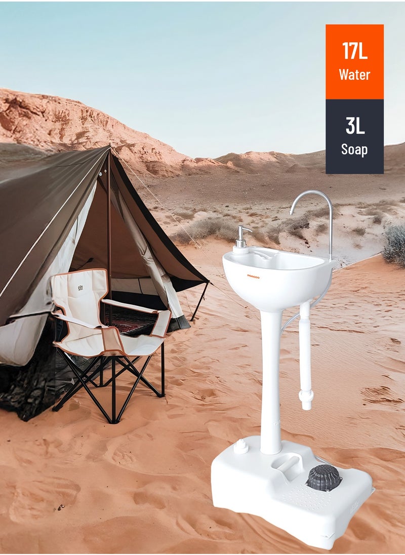 porodo - Portable Handwash Station / Foot Pump Operated / Instant Water / Portable & Easy to Move / 17L Clean Water Tank / 3L Liquid Soap Tank / Towel rack/ Outdoor and Camping Hand Wash Sink - White - Image 1