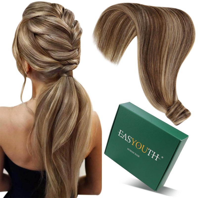 Easyouth Pony Tails Hair Extensions Brown Hair Extensions Ponytail Dark Brown Highlights Honey Blonde Flexible Ponytail Extension No Damage to Hair 14Inch 70g Human Hair Short Ponytail