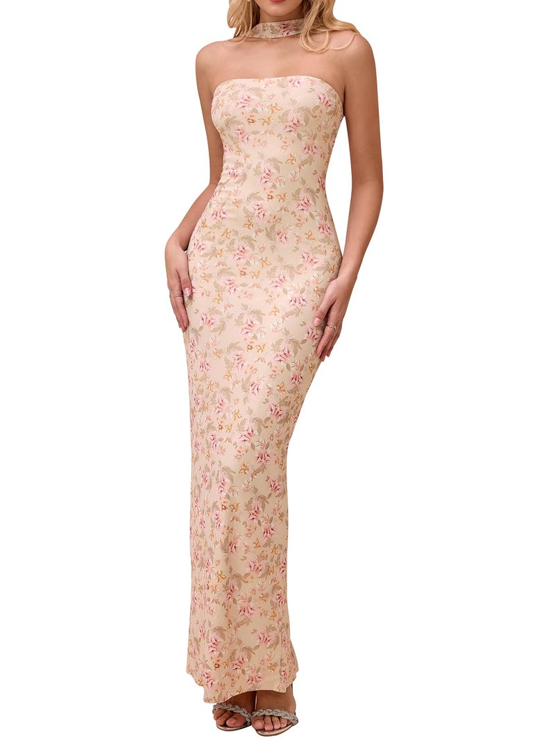 HTZMO Women Elegant Summer Bodycon Maxi Dress Halter Neck Formal Wedding Guest Cocktail Party Long Dresses BeigeFloral M - Image 1