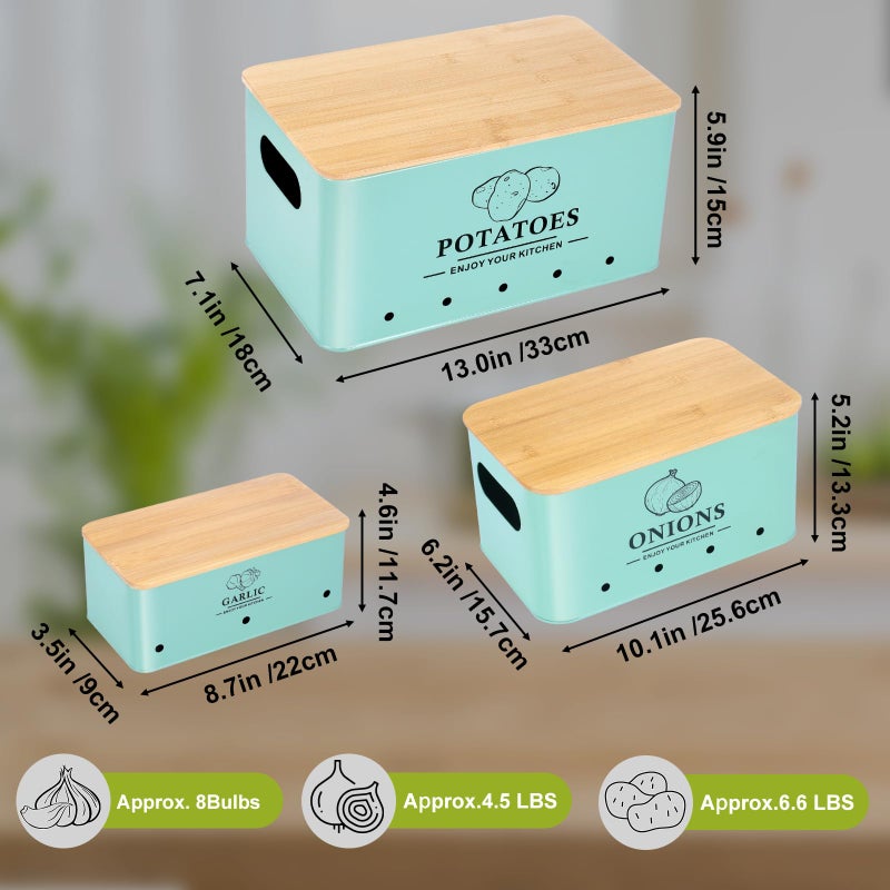 Dekosilave Kitchen Vegetable Storage Set of 3, Metal Onion Garlic Potato Storage Set, Kitchen Canisters Vegetable Keeper Containers with Aerating Holes and Wooden Lid (Blue) - Image 4
