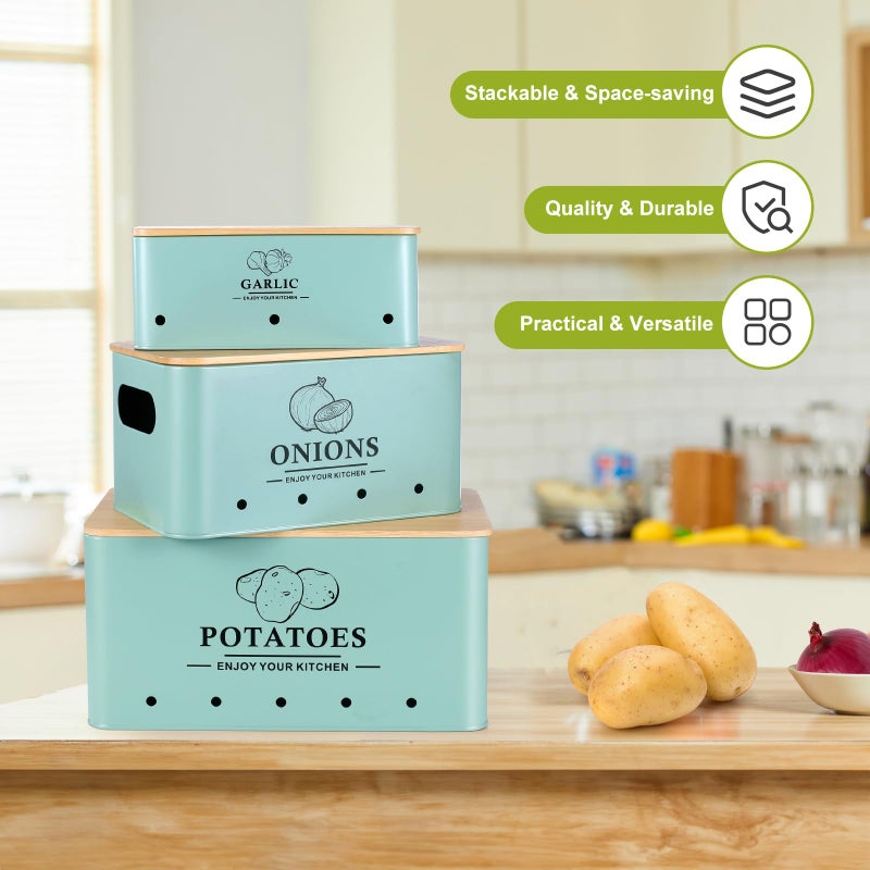 Dekosilave Kitchen Vegetable Storage Set of 3, Metal Onion Garlic Potato Storage Set, Kitchen Canisters Vegetable Keeper Containers with Aerating Holes and Wooden Lid (Blue) - Image 5