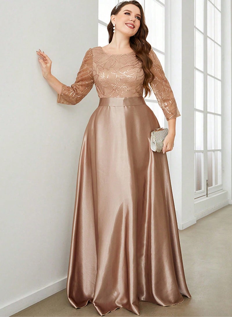 ميرين فستان أنيق بأكمام 3/4 أكمام مطرزة بالشمبانيا بمقاس كبير - Image 4