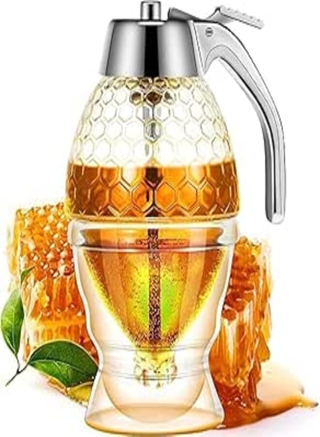 Honey Dispenser – No Drip Glass with Stand – Honey Jar – Clear Glass Honey Container – Honey Pot with Stand – Honey Bottle with Flip Top Lid