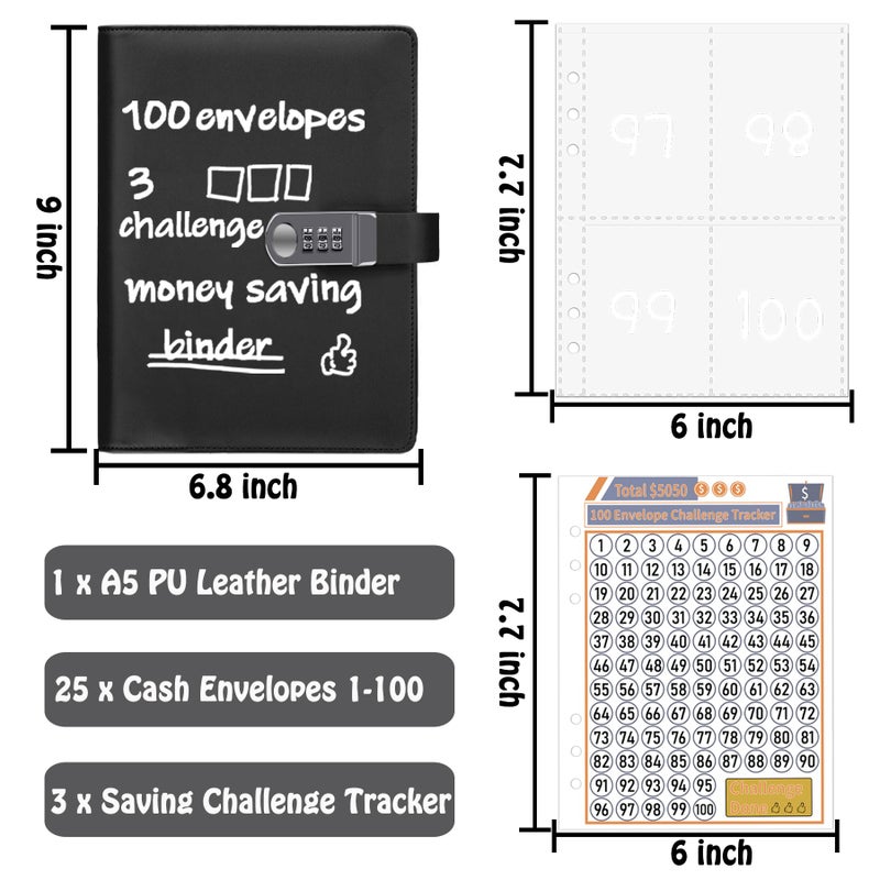 Antner 100 Envelopes Money Saving Challenge Binder with Lock, A5 Savings Binder Challenge Book Budget Planner with Cash Envelopes for Money Saving - Password Lock to Protect Cash Security, Black - Image 5