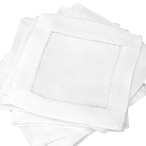 CleverDelights 6" White Linen Hemstitch Cocktail Napkins - 12 Pack - 100% Linen - Image 1