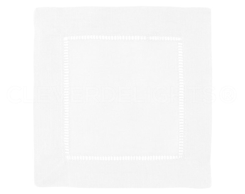 CleverDelights 6" White Linen Hemstitch Cocktail Napkins - 12 Pack - 100% Linen - Image 3