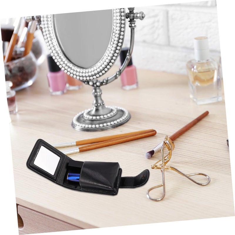 KICHOUSE Small Lipsticks Pouch with Built-in Mirror, Pu Leather Lipsticks Carrying Case for Travel, Portable Lip Gloss Cosmetic Bag in Black - Image 4