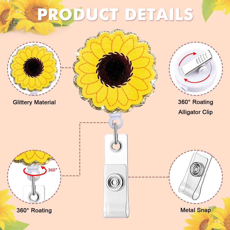 HASFINE 3 Pack Cute Badge Reels Retractable ID Badge Holder,Funny Glittery Cartoon Sloth Sunflower and Dinosaur Badge Reel with Alligator Clip for RN LPN CNA MA Nurse Doctor Worker Teacher Student - Image 3