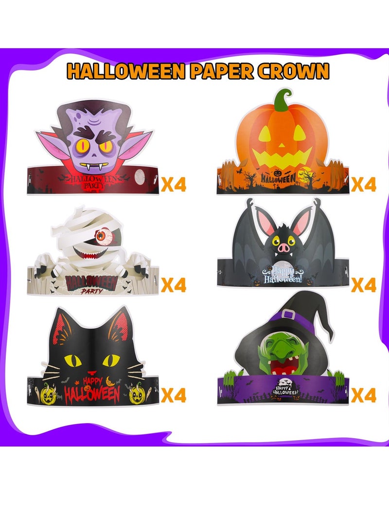SYOSI 24 Pcs Witch Hat Halloween Party Hats Funny Paper Halloween Decorations Pumpkin Cat Witch Bats Cosplay Props Party Supplies Adjustable Paper Hats for for Kids Adult Party 6 Styles - Image 2