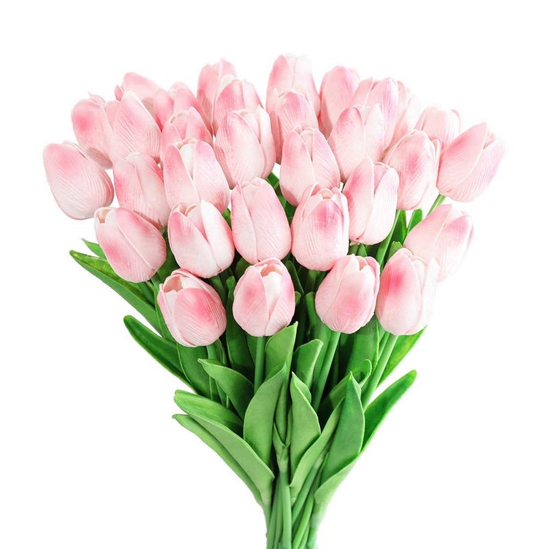 Kisflower 30Pcs Latex Tulips Real Touch Pink Artificial Flowers Fake Tulips Arrangement Bouquet for Home Office Wedding Decor (Pink) - Image 1