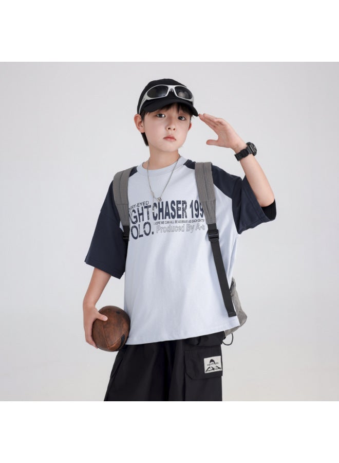 Boys' Summer Color-blocked Parent-child Matching Sports Short-sleeve T-shirt  New Children's Summer Half-sleeve Pure Cotton Top