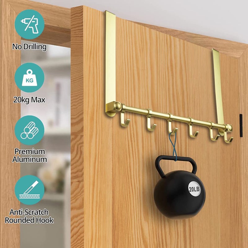 Mgahyi Over The Door Hooks Hanger, Moving 6-Hooks,Over Door Towel Rack,Door Coat Hanger, Upgraded Long Arms For Bathroom Accessories (Gold) - Image 3