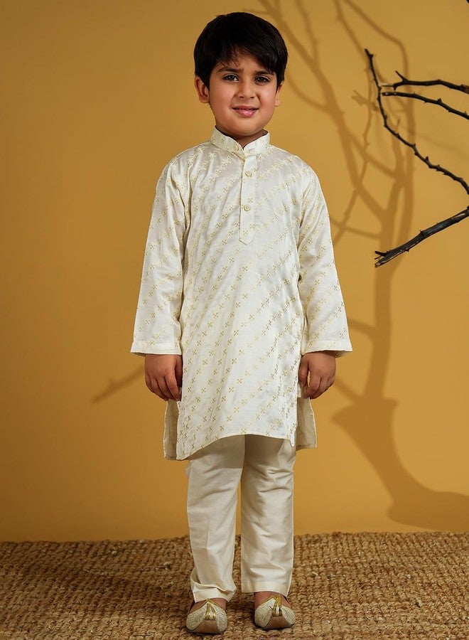 AJ DEZINES Kids Silk Blend Full Sleeve Embroidery White Kurta Pajama Set for Boys - Ethnic wear|Special Occasion & Festive Outfit|Mandarin Collar Kurta Pyjama for Boys - Regular Fit (1273-WHITE-9) - Image 2