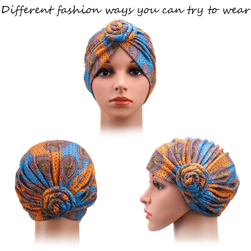 SATINIOR 4 Pieces African Pattern Headwrap Pre-Tied Bonnet Turban Knot Beanie (Flower) Multicoloured - Image 4