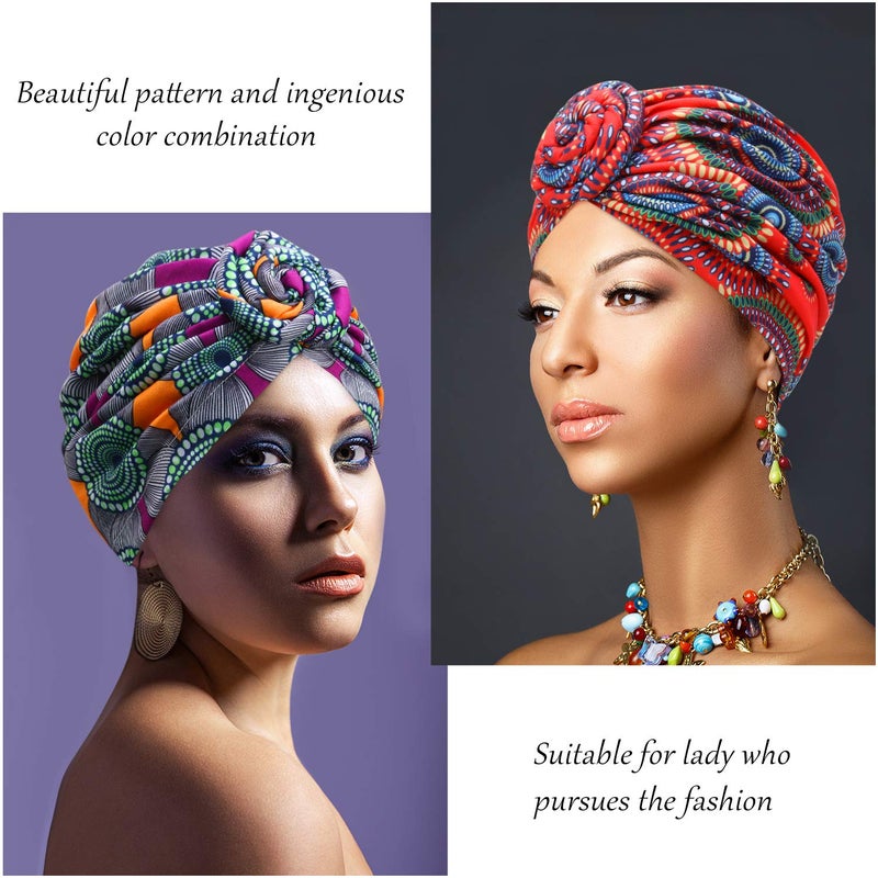 SATINIOR 4 Pieces African Pattern Headwrap Pre-Tied Bonnet Turban Knot Beanie (Flower) Multicoloured - Image 2