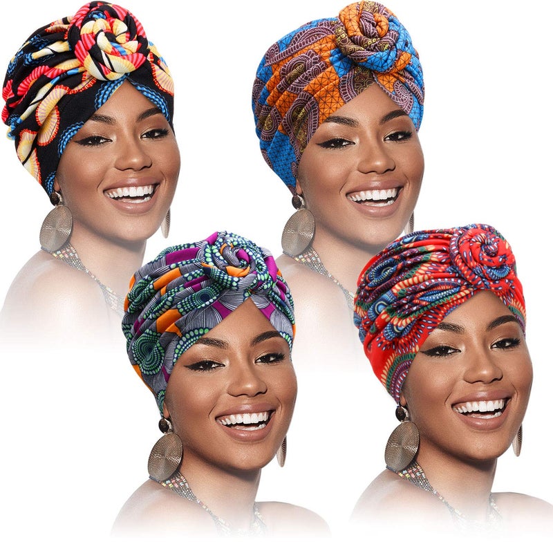 SATINIOR 4 Pieces African Pattern Headwrap Pre-Tied Bonnet Turban Knot Beanie (Flower) Multicoloured - Image 1