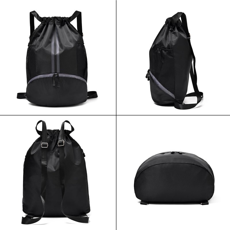 LOKAPEGY Black Drawstring Gym Bag for Men, Waterproof Drawstring Backpack for Women, Swim Bag with Shoes Compartment, Pull String Sport Bag for Soccer and Basketball. - Image 3
