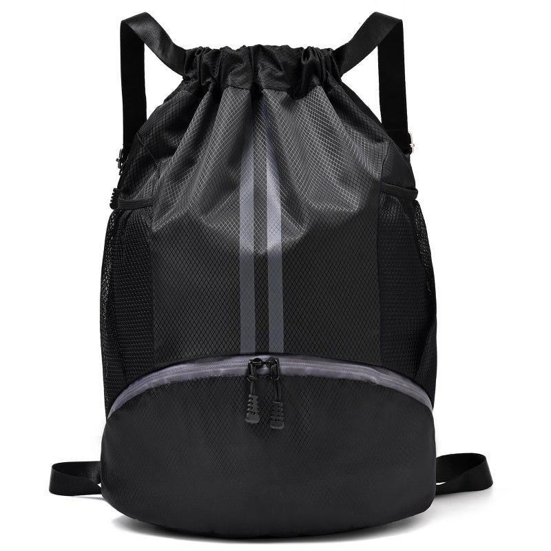 LOKAPEGY Black Drawstring Gym Bag for Men, Waterproof Drawstring Backpack for Women, Swim Bag with Shoes Compartment, Pull String Sport Bag for Soccer and Basketball. - Image 1