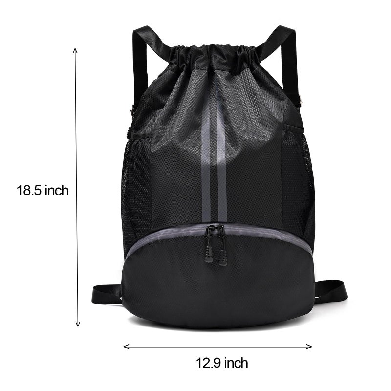 LOKAPEGY Black Drawstring Gym Bag for Men, Waterproof Drawstring Backpack for Women, Swim Bag with Shoes Compartment, Pull String Sport Bag for Soccer and Basketball. - Image 2