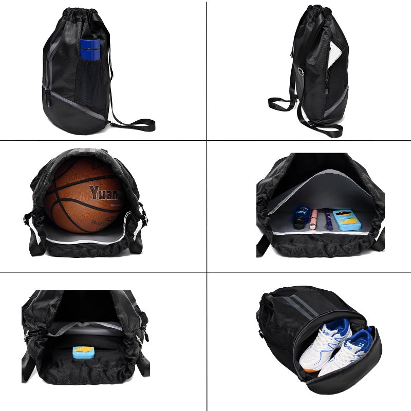 LOKAPEGY Black Drawstring Gym Bag for Men, Waterproof Drawstring Backpack for Women, Swim Bag with Shoes Compartment, Pull String Sport Bag for Soccer and Basketball. - Image 4