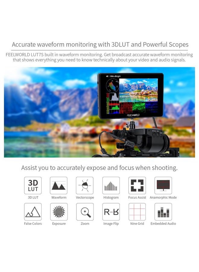 Feelworld LUT7S 7" 3D LUT 4K HDMI and SDI Monitor 2200nits Touch Screen DSLR Camera Field Monitor with Waveform VectorScope Histogram - Image 4
