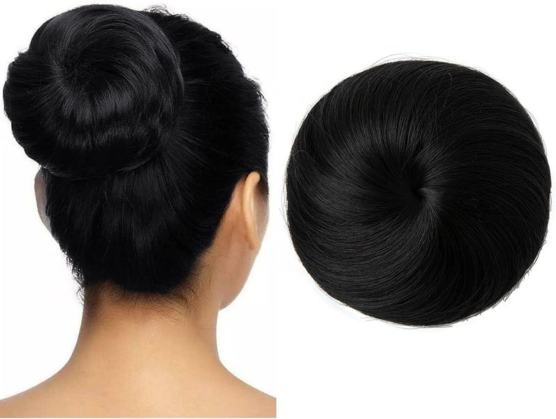 SARLA Hair Buns Extension Drawstring Updo Donut Chignon Straight Synthetic Round Fake Ballet Bun for Womens Lady Jet Black