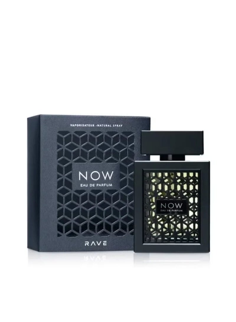 رايف عطر ناو (Rave Now)  يتميز بزجاجة سوداء ذات تصميم شبكي هندسي بارز ونفحات عطرية منعشة تجمع بين الفواكه والأخشا - Image 1