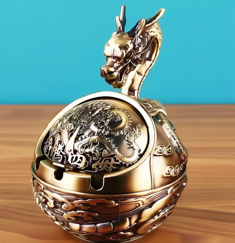 Stylitzy Vintage Ashtray with Lid for Cigarettes,Metal Windproof Smokeless Odorless Ash Tray Holder for Indoor Outdoor Decorative Hand-Carved Fancy Gift Ornament for Home Office (Bronze Dragon) - Image 2