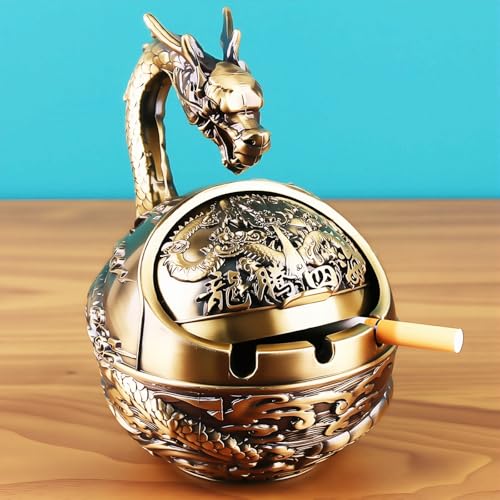 Stylitzy Vintage Ashtray with Lid for Cigarettes,Metal Windproof Smokeless Odorless Ash Tray Holder for Indoor Outdoor Decorative Hand-Carved Fancy Gift Ornament for Home Office (Bronze Dragon) - Image 3