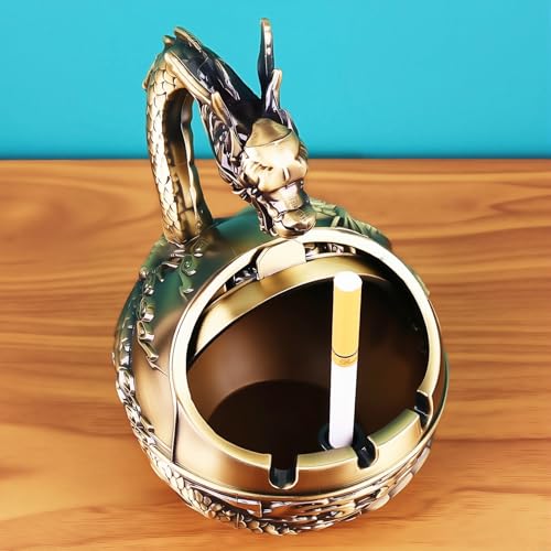 Stylitzy Vintage Ashtray with Lid for Cigarettes,Metal Windproof Smokeless Odorless Ash Tray Holder for Indoor Outdoor Decorative Hand-Carved Fancy Gift Ornament for Home Office (Bronze Dragon) - Image 5