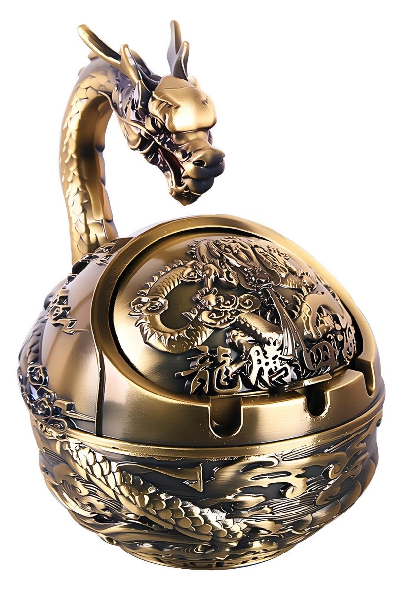 Stylitzy Vintage Ashtray with Lid for Cigarettes,Metal Windproof Smokeless Odorless Ash Tray Holder for Indoor Outdoor Decorative Hand-Carved Fancy Gift Ornament for Home Office (Bronze Dragon) - Image 1