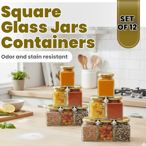 MACHAK Square Glass Jar And Container Set of 12 With Rust Proof Air Tight Golden Lid, 280ml - Image 3