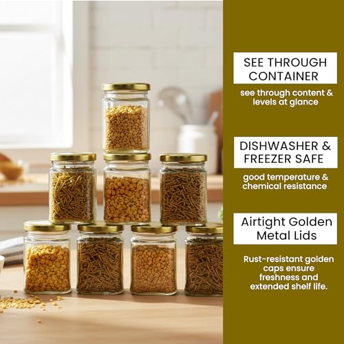 MACHAK Square Glass Jar And Container Set of 12 With Rust Proof Air Tight Golden Lid, 280ml - Image 5