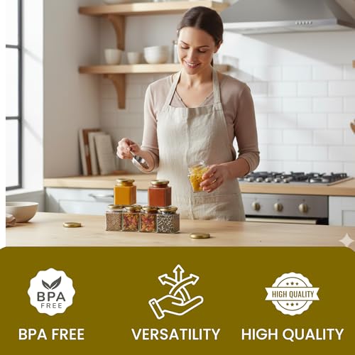 MACHAK Square Glass Jar And Container Set of 12 With Rust Proof Air Tight Golden Lid, 280ml - Image 4