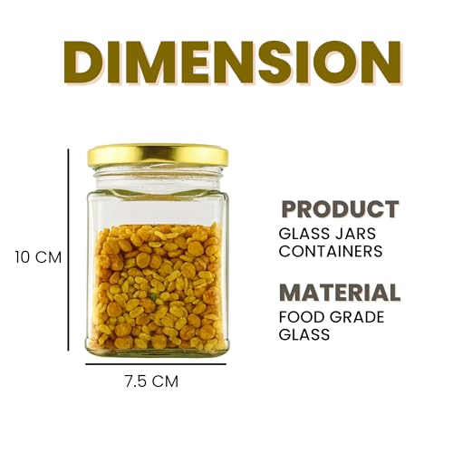 MACHAK Square Glass Jar And Container Set of 12 With Rust Proof Air Tight Golden Lid, 280ml - Image 2