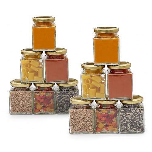 MACHAK Square Glass Jar And Container Set of 12 With Rust Proof Air Tight Golden Lid, 280ml - Image 1