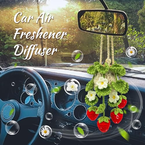 SGIBYN Crochet Car Air Freshener 15ml Empty Refillable Oil Diffuser Bottle with Hanging Crochet Strawberry Plant for Car Rearview Mirror Air Freshener Diffuser for Home and Office Decor - Image 3