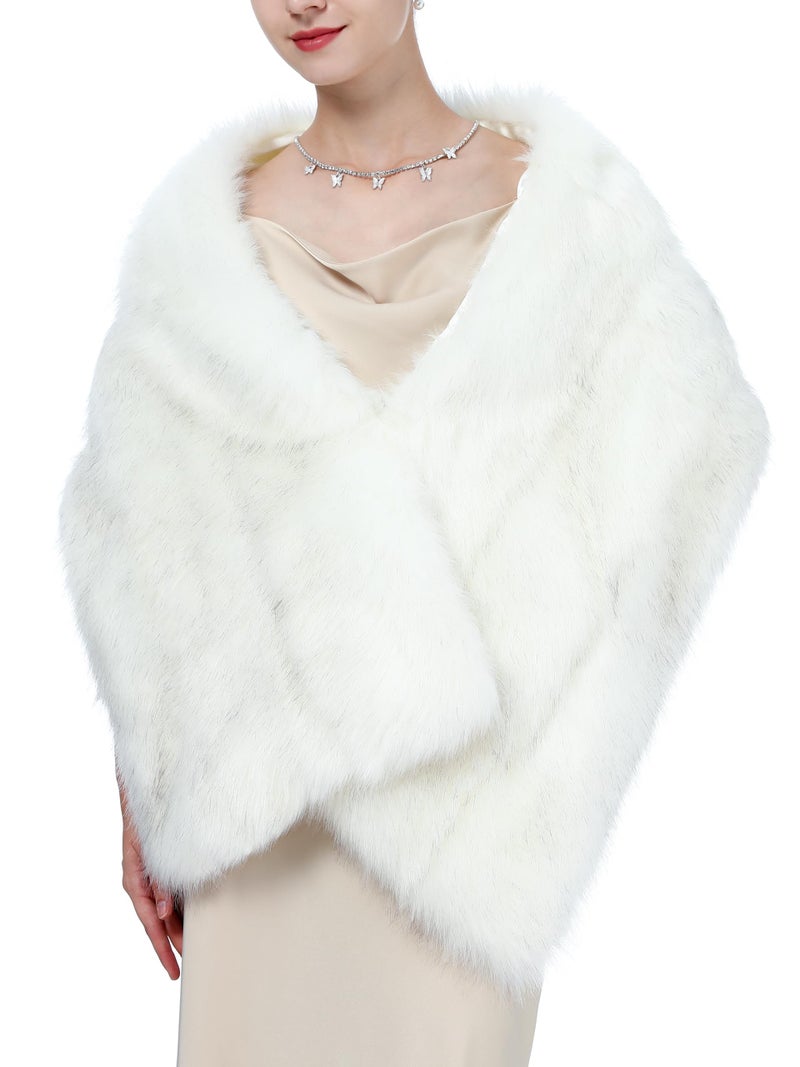 LA CARRIE Women Wedding Faux Fur Long Shawl Bridal Cape Party Stole Winter Scarf Soft Cover Up Shrug Gown Wrap(White with Black Tips) - Image 1