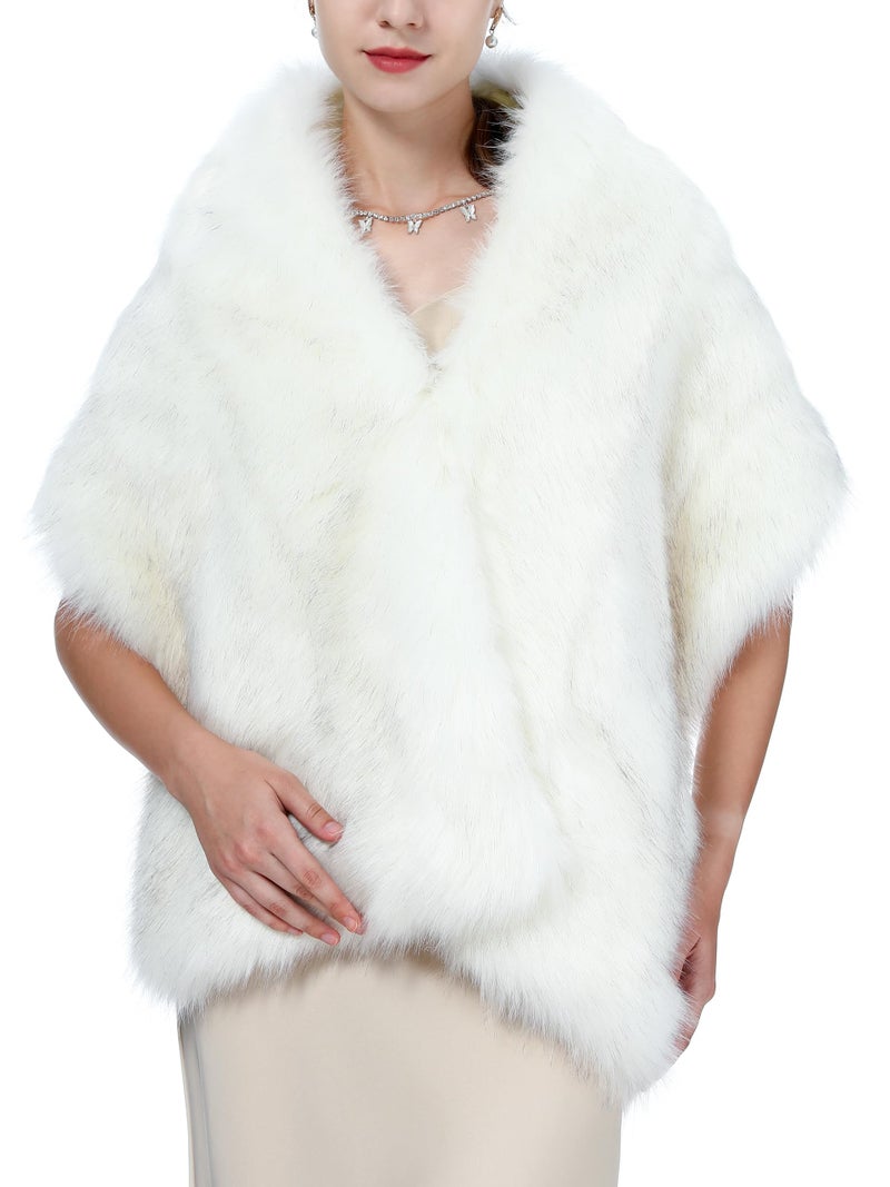 LA CARRIE Women Wedding Faux Fur Long Shawl Bridal Cape Party Stole Winter Scarf Soft Cover Up Shrug Gown Wrap(White with Black Tips) - Image 4